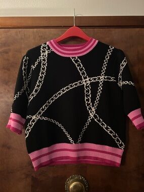 THML Black Crewneck Sweater with Pink Trim and White Chain Motif